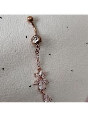 14 G SURGICAL STEEL DANGLE   BELLY BUTTON Simulated Diamond ROSE GOLD